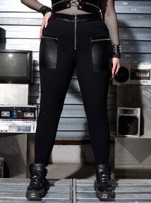 ROMWE PUNK Plus Zip Up Pocket Patched Skinny Trousers - Black - View 1