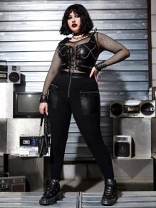 ROMWE PUNK Plus Zip Up Pocket Patched Skinny Trousers - Black - View 2