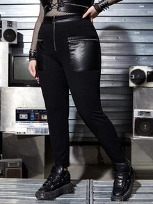 ROMWE PUNK Plus Zip Up Pocket Patched Skinny Trousers - Black - View 4