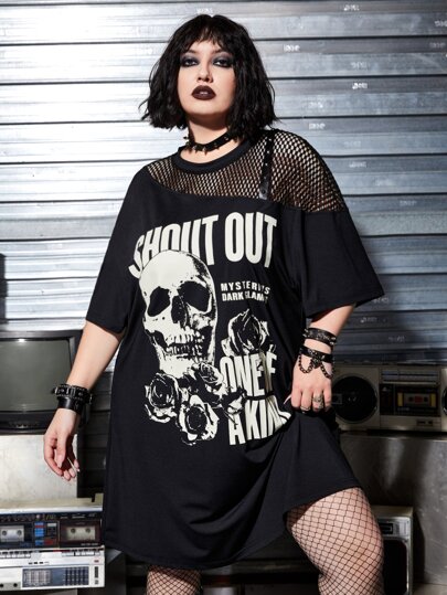 Plus Skull & Letter Graphic Contrast Fishnet Tee Dress, School