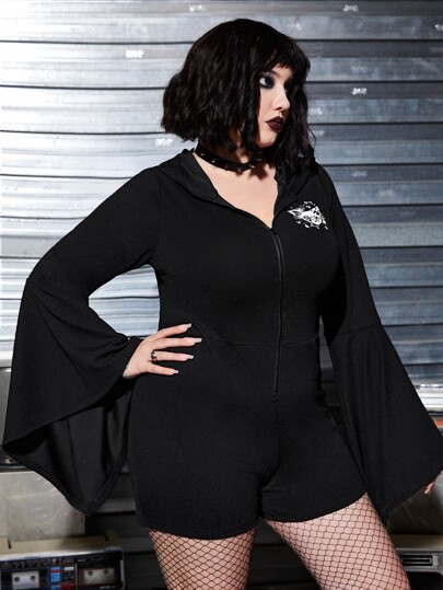 Plus Cat Print Flounce Sleeve Hooded Velvet Romper