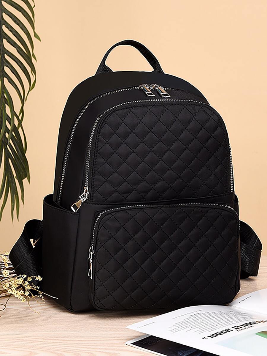 Quilted Multi-pocket Functional Backpack - Black - View 1