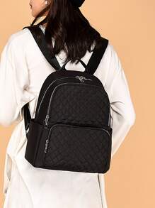 Quilted Multi-pocket Functional Backpack - Black - View 2