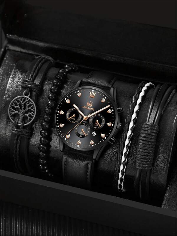 1pc Men Round Pointer Quartz Watch & 4pcs Bracelet SHEIN USA