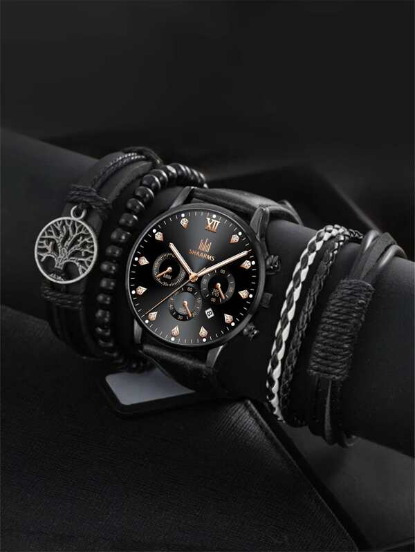 1pc Men Round Pointer Quartz Watch & 4pcs Bracelet SHEIN USA