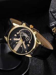 FanTeeDa 1pc Men Quartz Watch & 1pc Bracelet - Black - View 2