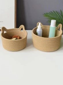 1pc Cat Ears Decor Woven Desktop Storage Basket - Beige - View 1