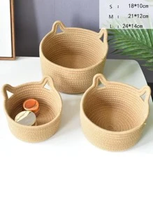 1pc Cat Ears Decor Woven Desktop Storage Basket - Beige - View 2