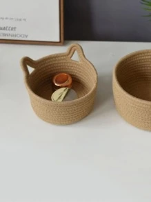 1pc Cat Ears Decor Woven Desktop Storage Basket - Beige - View 3