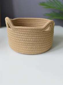 1pc Cat Ears Decor Woven Desktop Storage Basket - Beige - View 4