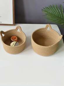 1pc Cat Ears Decor Woven Desktop Storage Basket - Beige - View 5