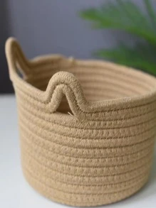 1pc Cat Ears Decor Woven Desktop Storage Basket - Beige - View 7