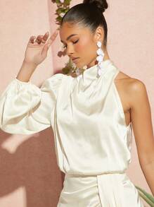 SHEIN BAE Top de cuello asimétrico de manga farol de satén - Beis - Ver 1
