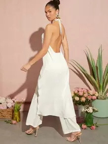 SHEIN VCAY 素色下擺開叉掛脖上衣和闊腿褲 - 白色 - 查看 2