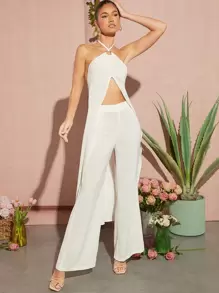 SHEIN VCAY 素色下擺開叉掛脖上衣和闊腿褲 - 白色 - 查看 5