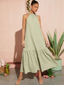SHEIN VCAY Vestido unicolor bajo con fruncido de cuello halter - verde menta - Ver 1