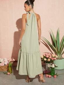 SHEIN VCAY Vestido unicolor bajo con fruncido de cuello halter - verde menta - Ver 2