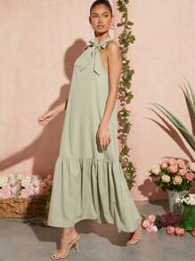 SHEIN VCAY Vestido unicolor bajo con fruncido de cuello halter - verde menta - Ver 4