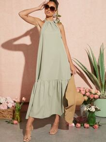 SHEIN VCAY Vestido unicolor bajo con fruncido de cuello halter - verde menta - Ver 5