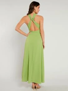 SHEIN Belle Váy phù dâu Lộ Lưng xoắn lại Dây kéo màu trơn - Màu xanh chanh - Xem 2