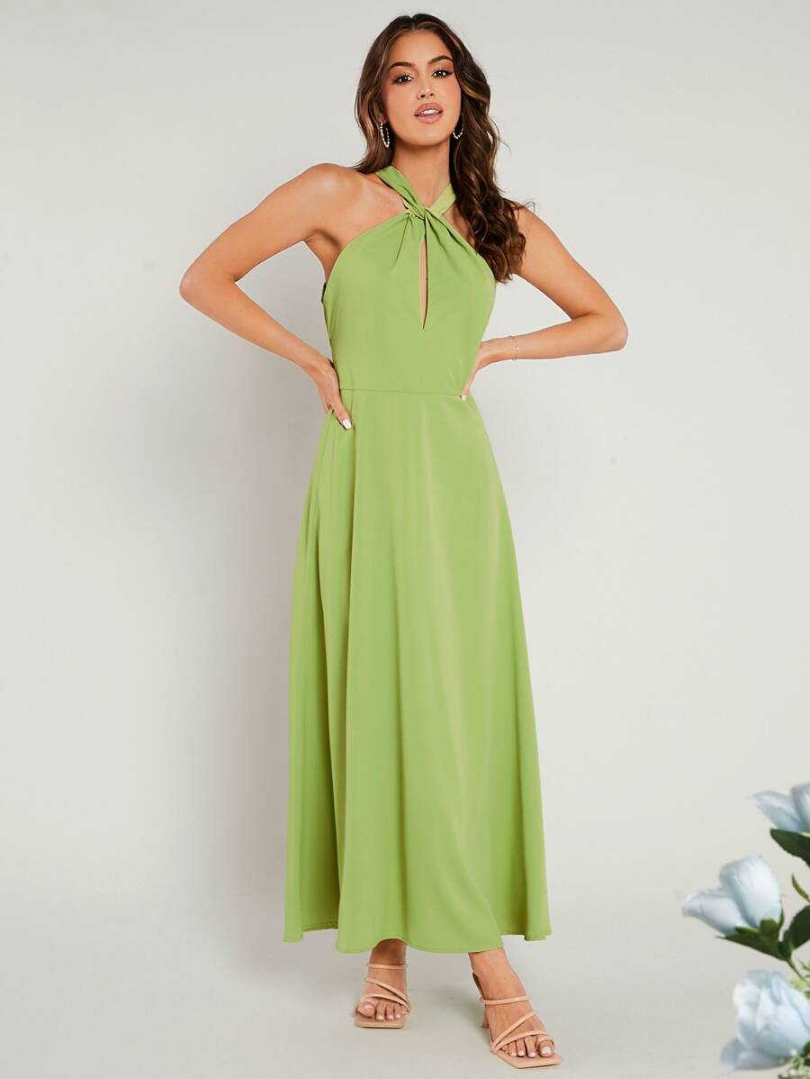 SHEIN Belle Váy phù dâu Lộ Lưng xoắn lại Dây kéo màu trơn - Màu xanh chanh - Xem 1