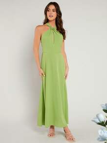 SHEIN Belle Váy phù dâu Lộ Lưng xoắn lại Dây kéo màu trơn - Màu xanh chanh - Xem 4