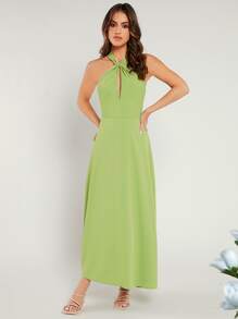 SHEIN Belle Váy phù dâu Lộ Lưng xoắn lại Dây kéo màu trơn - Màu xanh chanh - Xem 5