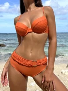 SHEIN Swim Solid Ring Detail Underwire Summer Beach Bikini Set Bathing Suit - Orange - View 3