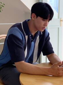 DAZY 男士撞色Polo領針織上衣 - 藏蓝色 - 查看 2