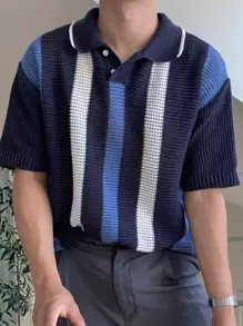 DAZY 男士撞色Polo領針織上衣 - 藏蓝色 - 查看 3