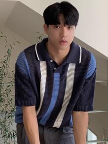 DAZY 男士撞色Polo領針織上衣 - 藏蓝色 - 查看 5