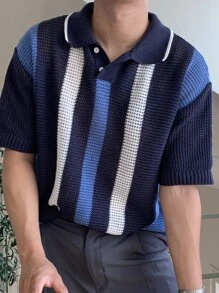 DAZY 男士撞色Polo領針織上衣 - 藏蓝色 - 查看 7