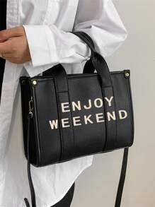 輕薄便攜大容量休閒時尚字母印花手提包時尚女式手提包人造皮革單肩包帶可拆卸肩帶女童女大學生新人白領秋季必備冬季必備上班辦公通勤 , 秋冬 , 戶外 - 黑色 - 查看 2