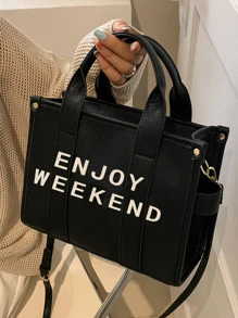 輕薄便攜大容量休閒時尚字母印花手提包時尚女式手提包人造皮革單肩包帶可拆卸肩帶女童女大學生新人白領秋季必備冬季必備上班辦公通勤 , 秋冬 , 戶外 - 黑色 - 查看 5