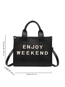 輕薄便攜大容量休閒時尚字母印花手提包時尚女式手提包人造皮革單肩包帶可拆卸肩帶女童女大學生新人白領秋季必備冬季必備上班辦公通勤 , 秋冬 , 戶外 - 黑色 - 查看 6