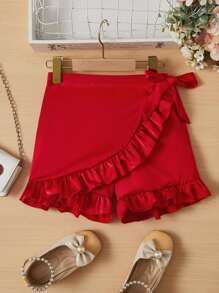 SHEIN Chicas Skort ribete con fruncido con cordón lateral cruzado - Rojo - Ver 1