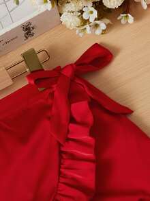 SHEIN Chicas Skort ribete con fruncido con cordón lateral cruzado - Rojo - Ver 3