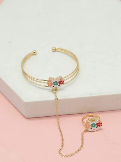 Toddler Girls Flower & Cartoon Cat Decor Mittens Bracelet