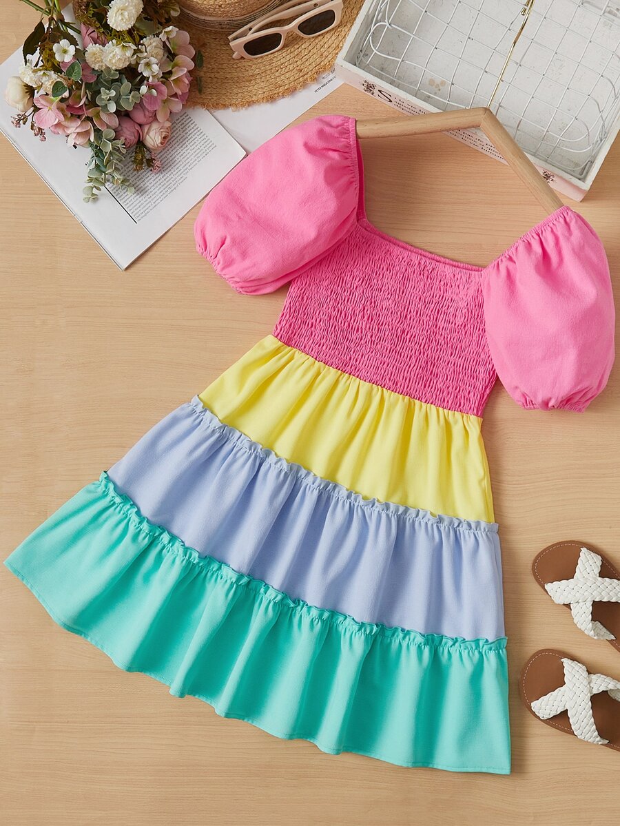 SHEIN Girls Colourblock Puff Sleeve Ruffle Hem Dress - Multicolor - View 1