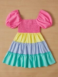 SHEIN Girls Colourblock Puff Sleeve Ruffle Hem Dress - Multicolor - View 2