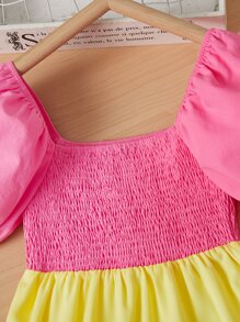 SHEIN Girls Colourblock Puff Sleeve Ruffle Hem Dress - Multicolor - View 3