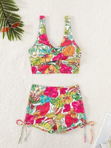 SHEIN Swim Summer Beach Tropical Print Tankini Set Wrap Tank Top & Drawstring Side Shorts 2 Piece Bathing Suit - Multicolor - View 3