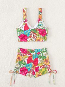 SHEIN Swim Summer Beach Tropical Print Tankini Set Wrap Tank Top & Drawstring Side Shorts 2 Piece Bathing Suit - Multicolor - View 4