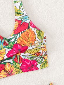 SHEIN Swim Summer Beach Tropical Print Tankini Set Wrap Tank Top & Drawstring Side Shorts 2 Piece Bathing Suit - Multicolor - View 6