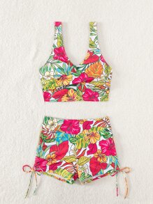 SHEIN Swim Summer Beach Tropical Print Tankini Set Wrap Tank Top & Drawstring Side Shorts 2 Piece Bathing Suit - Multicolor - View 7