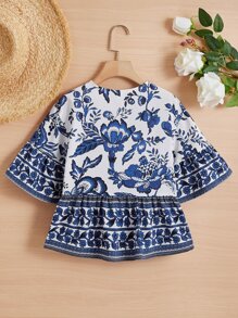 SHEIN Girls Floral Print Flounce Sleeve Peplum Blouse - Blue and White - View 2