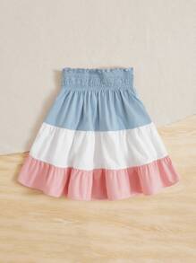 SHEIN Chicas Falda de color combinado de cintura con volante bajo con fruncido - Multicolor - Ver 2