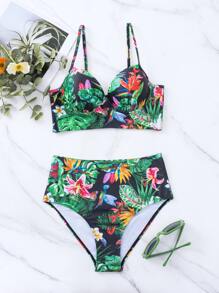 SHEIN Swim Summer Beach Tropical Print Push Up High Waisted Bikini - Multicolor - View 4