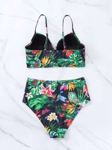 SHEIN Swim Summer Beach Tropical Print Push Up High Waisted Bikini - Multicolor - View 5