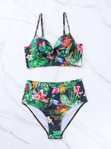 SHEIN Swim Summer Beach Tropical Print Push Up High Waisted Bikini - Multicolor - View 6